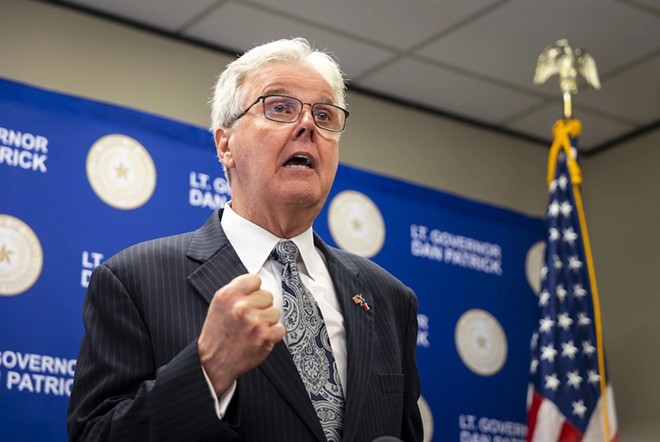 Lt. Gov. Dan Patrick speaks to reporters during a June 13 news conference in the offices of Blakemore & Associates in Houston. - Texas Tribune / Annie Mulligan