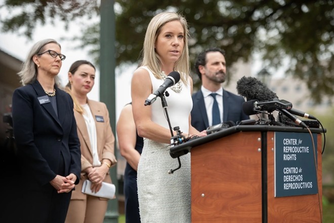 Amanda Zurawski speaks at a press conference announcing the filing of Zurawski v. Texas at the Capitol on March 7. On Wednesday, she testified in court about the impact of Texas’ abortion ban on her pregnancy loss. - Texas Tribune / Leila Saidane