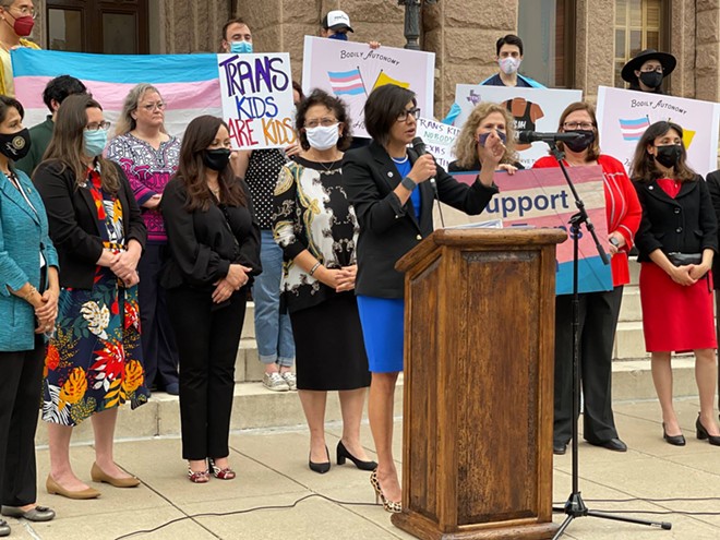 LGBTQ+ advocates speak out against bills targeting transgender children during an earlier rally at the Texas Capitol. - Facebook / Equality Texas