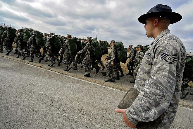 U.S. troops march during a training exercise. - Courtesy Photo / US Air Force Public Affairs