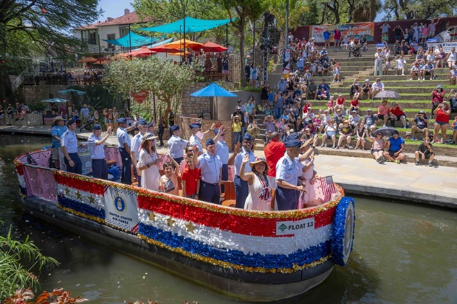 Last year's parade featured military-grade inflatable rubber Zodiacs, a papier-mâché replica of JFK's PT-109 boat and live music from active-duty choirs and brass bands. - Courtesy Photo / Visit San Antonio