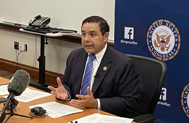 U.S. Rep. Henry Cuellar speaks in 2020 at a downtown San Antonio press briefing. - Sanford Nowlin