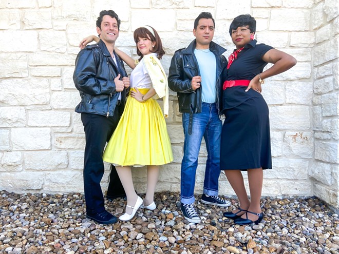 From left: Anthony Martucci as Danny Zuko, Lauren Campion as Sandy Dumbrowski, Alonzo Corona as Kenickie and Katrice Buchanan as Betty Rizzo. - Courtesy Photo / Wonder Theatre