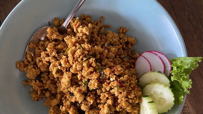 The "dried" curry featuring coarsely ground pork is a standout at Thai Buri.