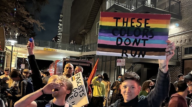 San Antonians counterprotest an armed militia group’s demonstration against a drag show in December.