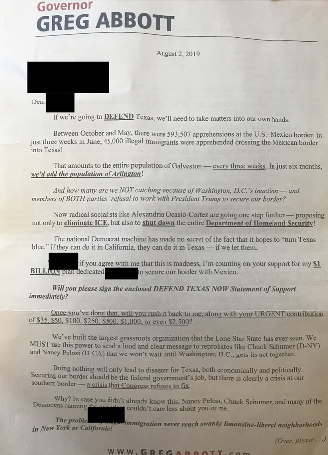 Greg Abbott's recent fundraising letter invokes anti-immigrant rhetoric and urges Republicans to "DEFEND" Texas. - Texas Democratic Party